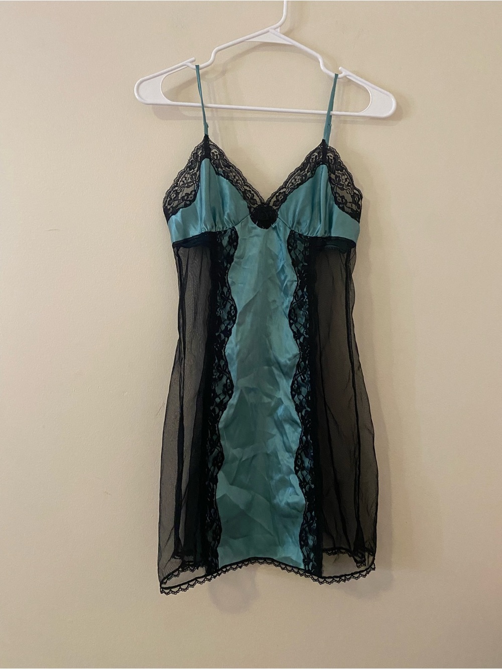 Vintage Frederick's of Hollywood Teal Satin & Black Lace Mesh Chemise